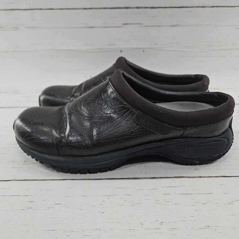 Merrell Encore Groove Floral Womens 9.5 Brown Clog Leather Slip On Mule Nurse - Picture 3 of 11